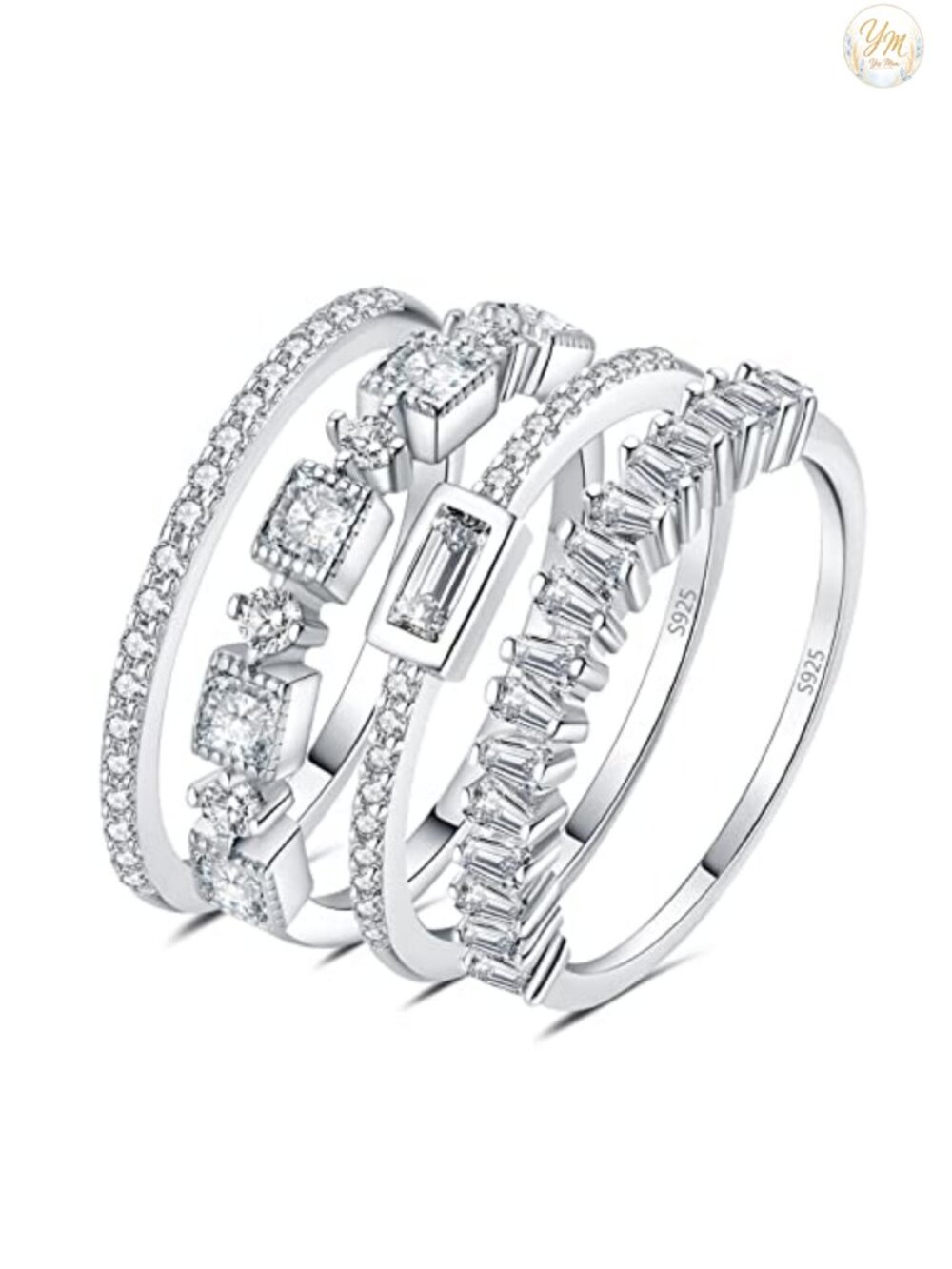 4pc Stackable CZ Rings 925 Sterling Silver Rhodium Plated Emerald Cut Wedding